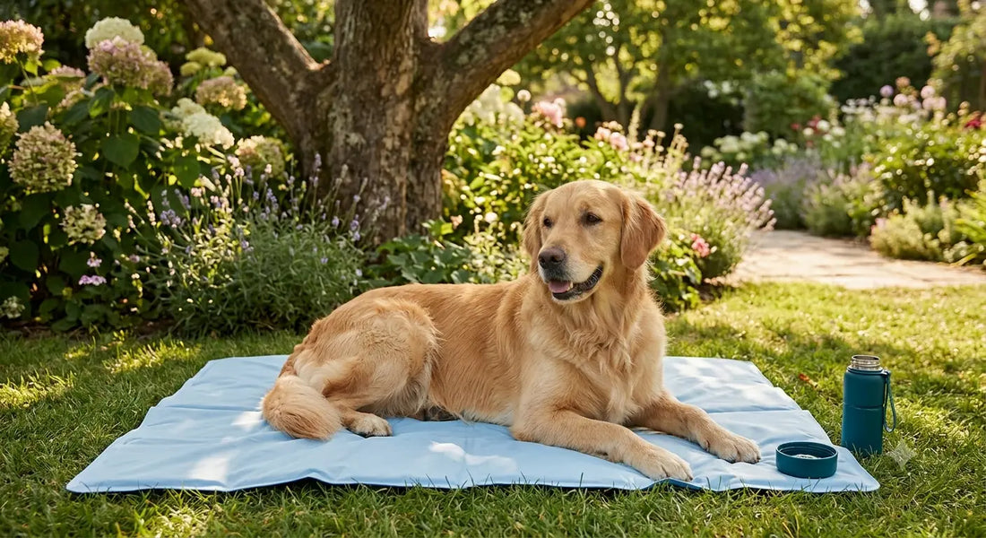 Golden Retriever couché sur un tapis rafraîchissant à l'ombre d'un arbre lors d'une chaude journée d'été.