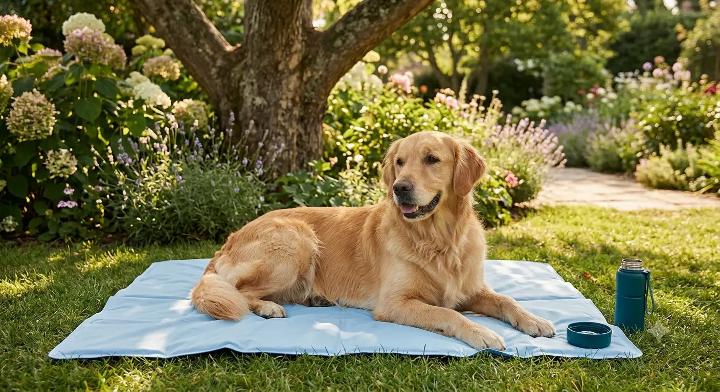 Golden Retriever couché sur un tapis rafraîchissant à l'ombre d'un arbre lors d'une chaude journée d'été.