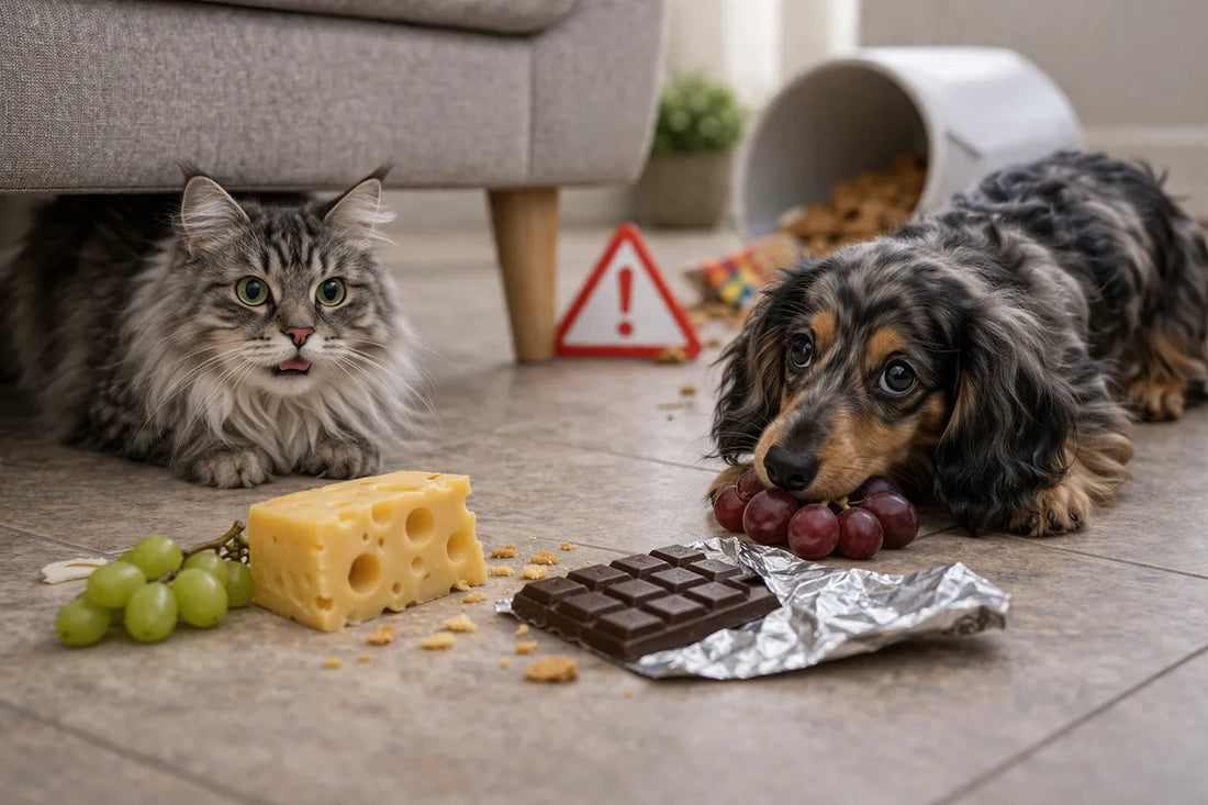 chien et chat devant des aliments dangereux comme chocolat et raisins dans la maison
