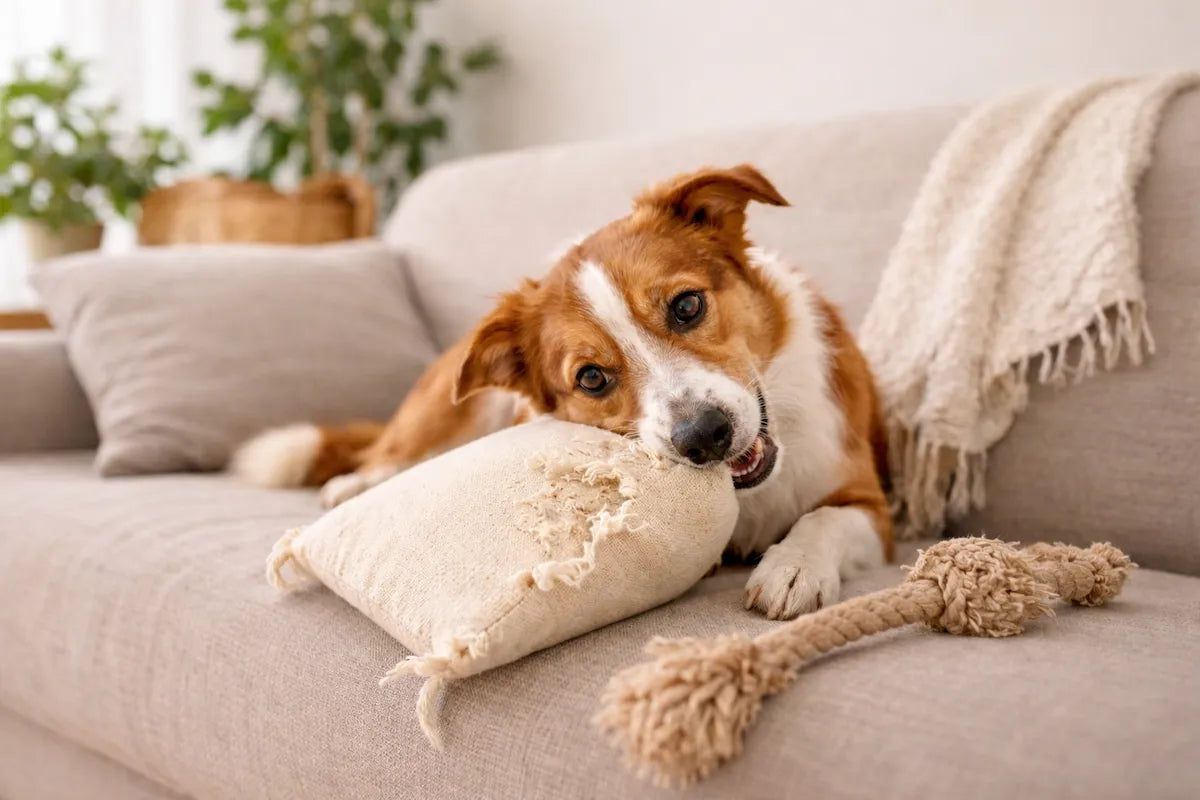 chien qui détruit un coussin sur un canapé dans un salon