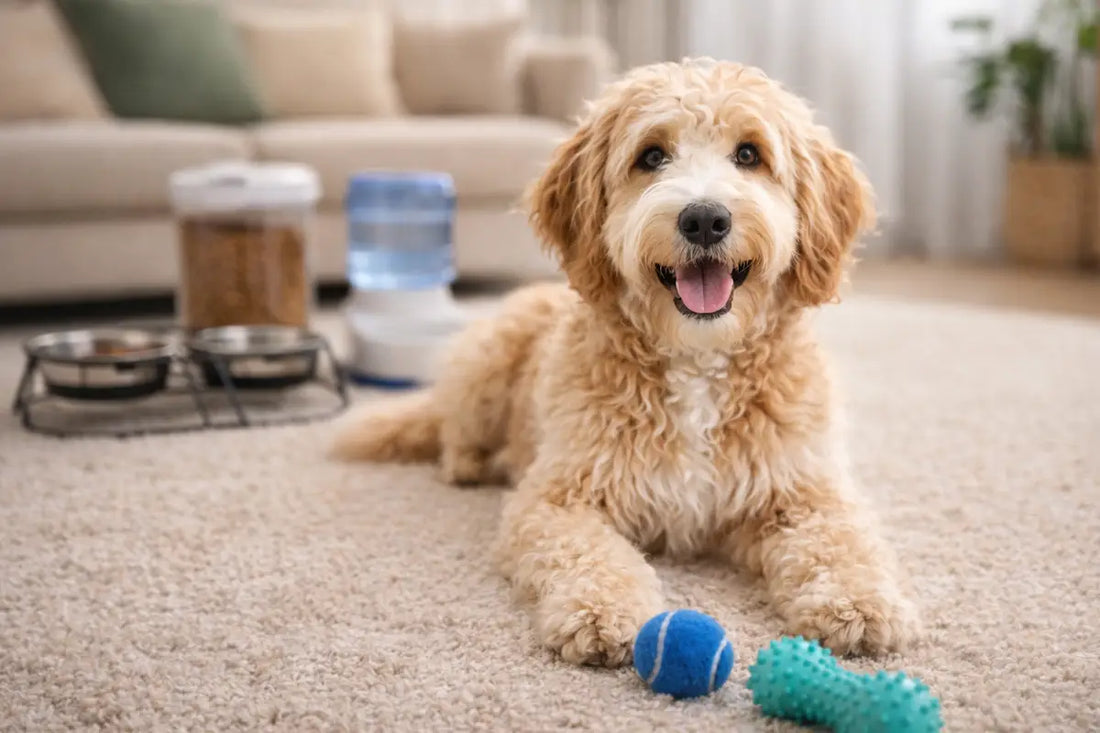 chien doodle avec jouets et accessoires essentiels pour le bien-être au quotidien