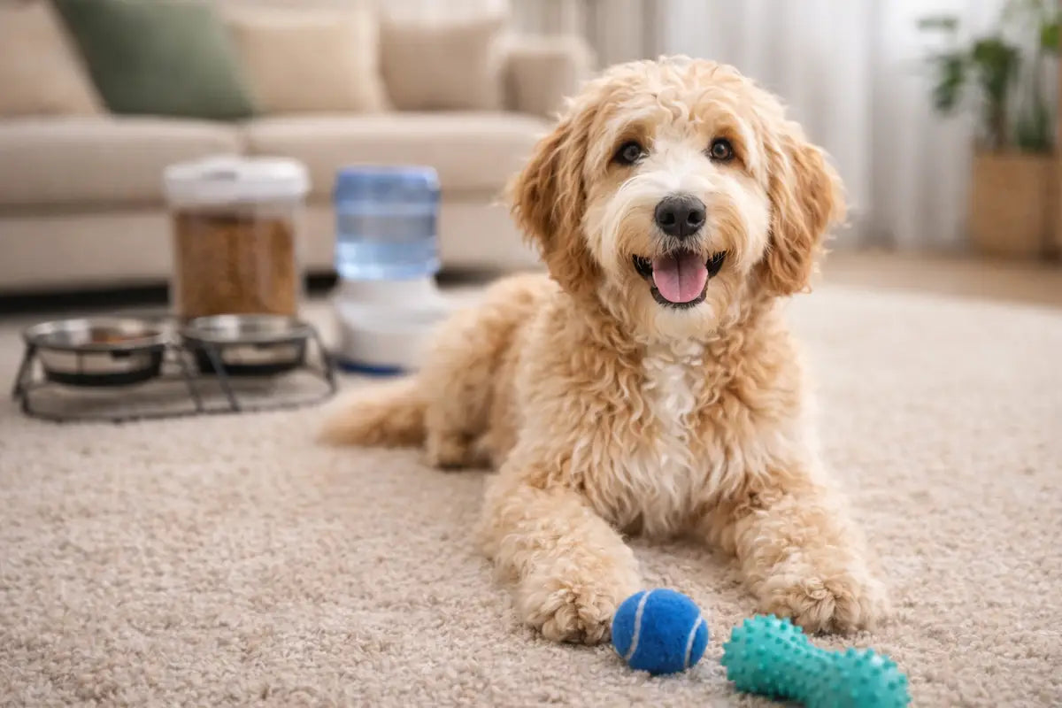 chien doodle avec jouets et accessoires essentiels pour le bien-être au quotidien