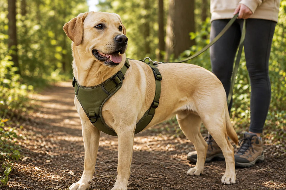 Labrador portant un harnais en Y lors d'une promenade en forêt.