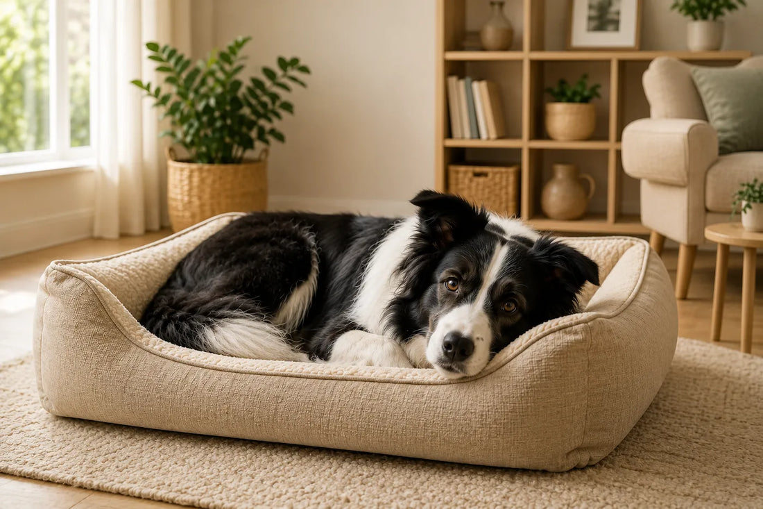 Border Collie adulte couché confortablement dans un lit beige à rebords, dans un salon lumineux aux tons naturels.
