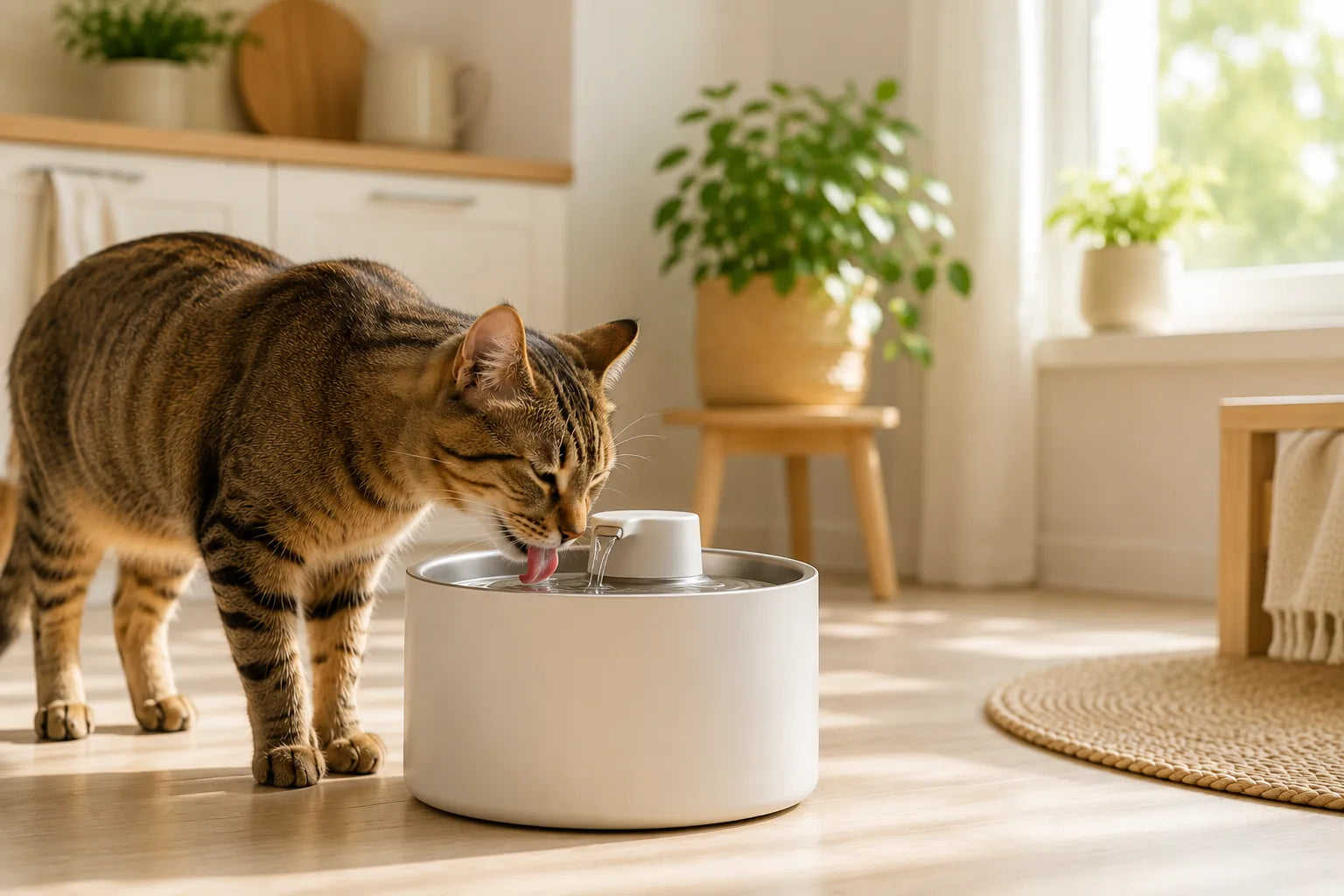 Chat buvant dans une fontaine à eau moderne à l'intérieur d'une maison lumineuse