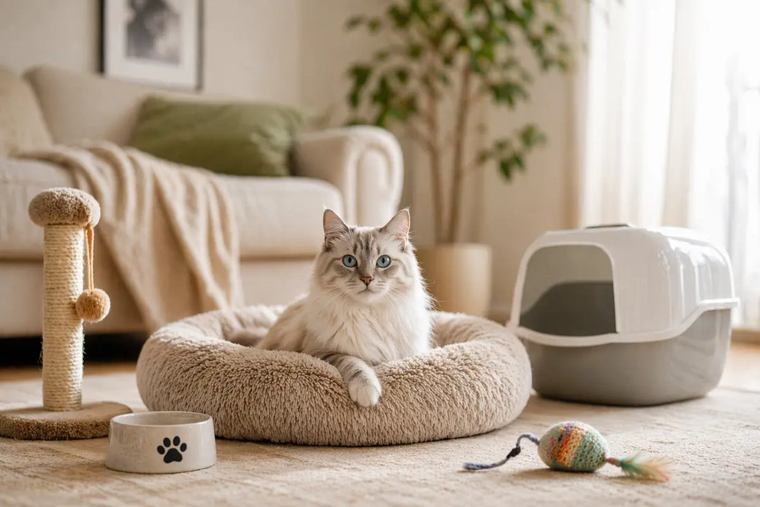 chat allongé dans un lit confortable avec accessoires essentiels comme griffoir, gamelle et jouet coloré dans un salon lumineux