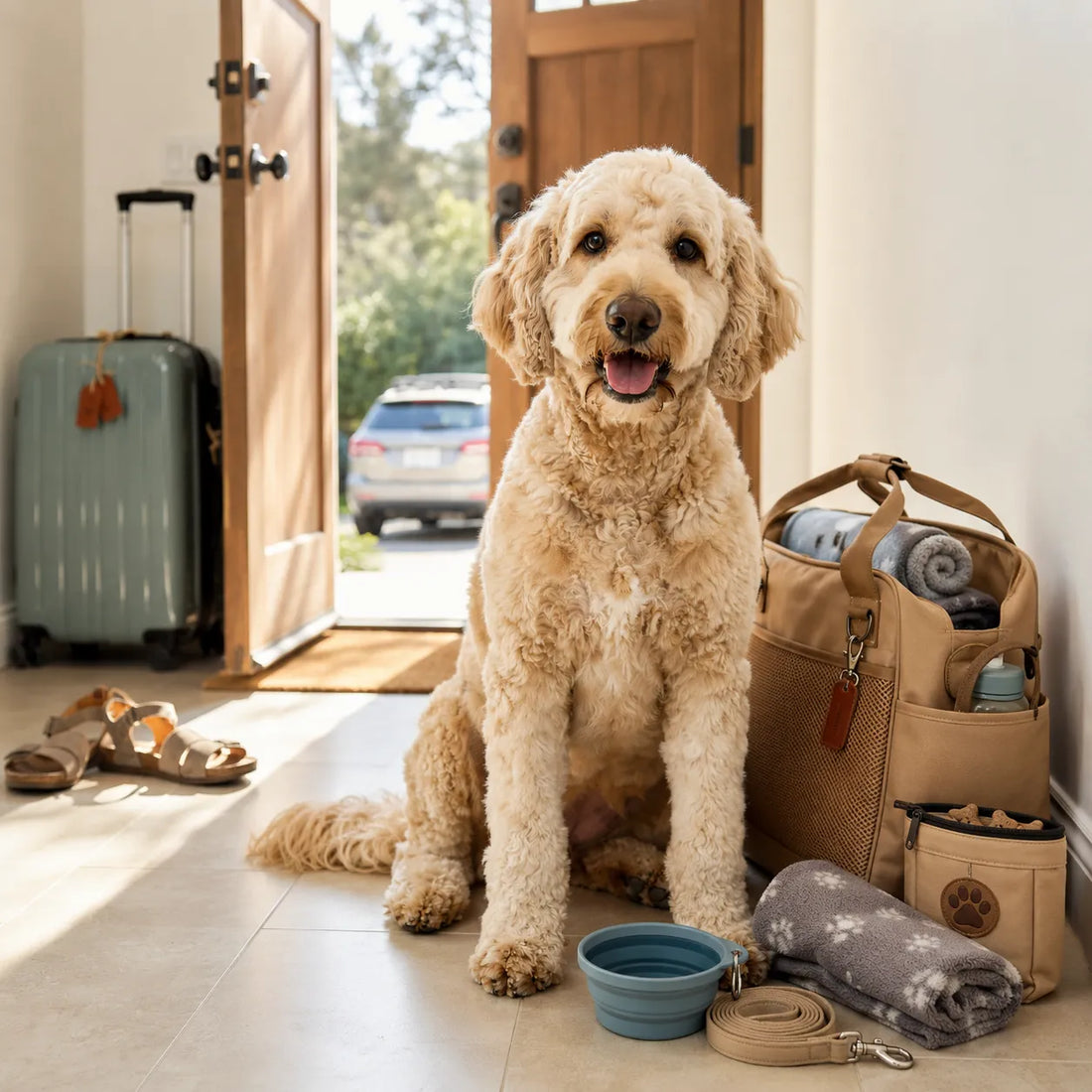 Chien Goldendoodle assis à côté de son sac de voyage contenant ses accessoires essentiels avant un départ en vacances.