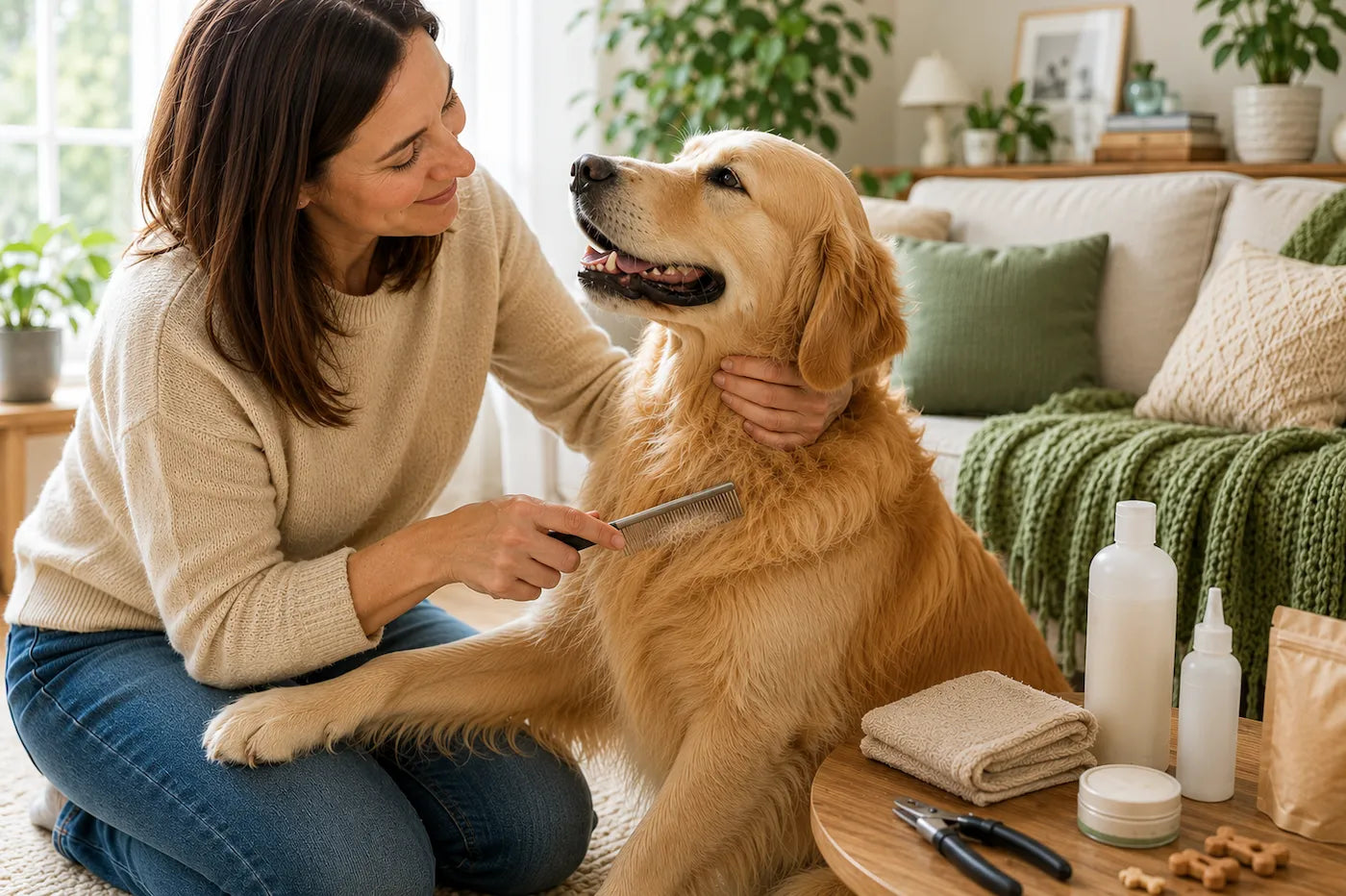 Femme brossant le pelage d'un Golden Retriever dans un salon avec les accessoires nécessaires au toilettage.