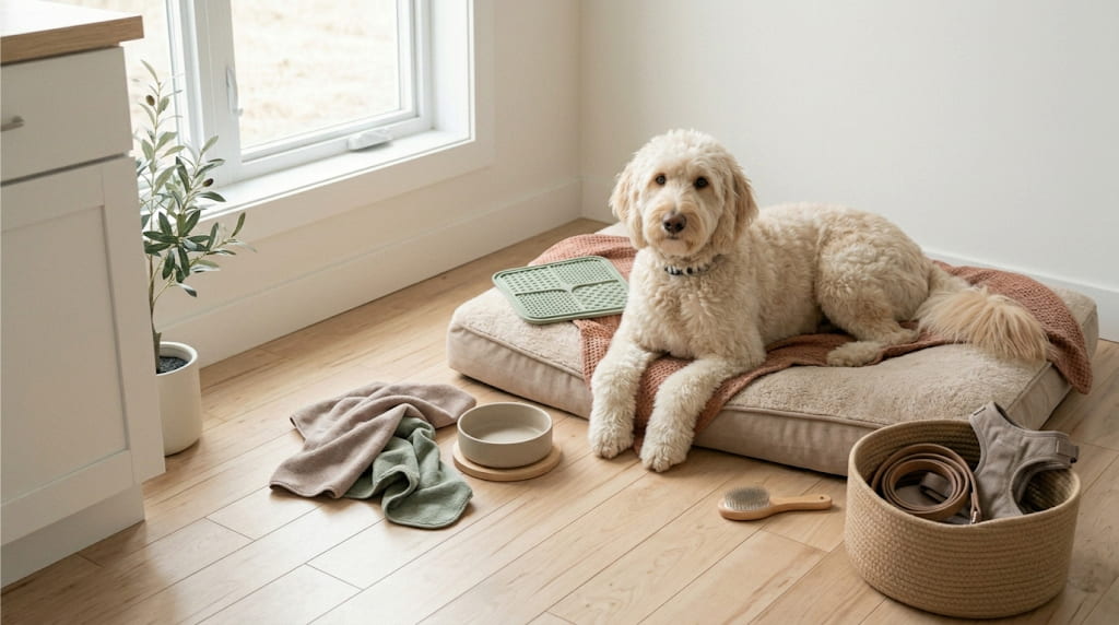 Chien couché dans un coin maison organisé avec accessoires utiles pour simplifier la vie avec un chien