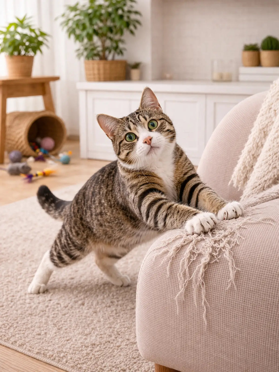 chat qui fait ses griffes sur un canapé dans un salon