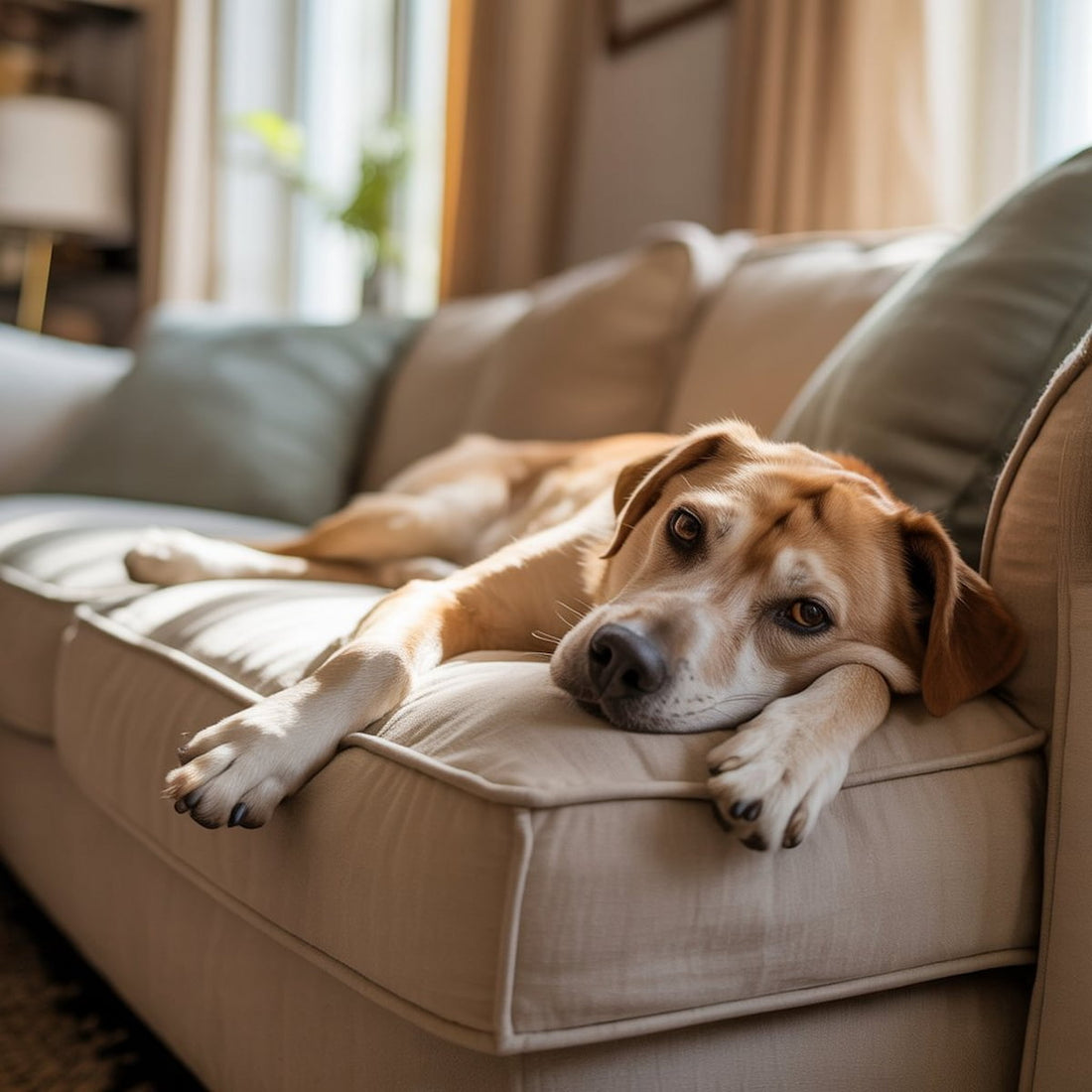 Chien fatigué allongé sur un canapé, signe possible de problème de santé