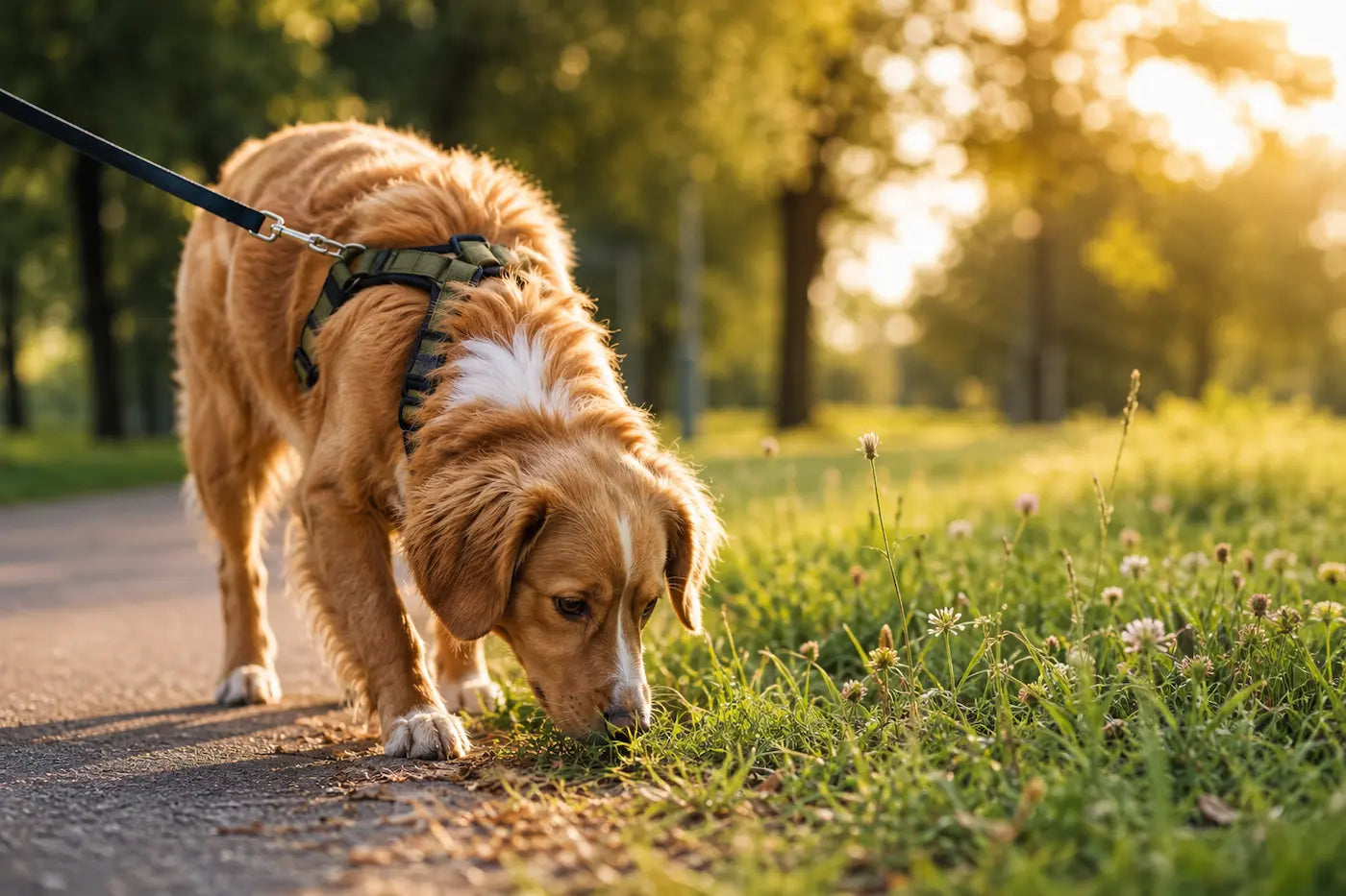 Chien qui renifle l’herbe pendant une promenade dans un parc au coucher du soleil