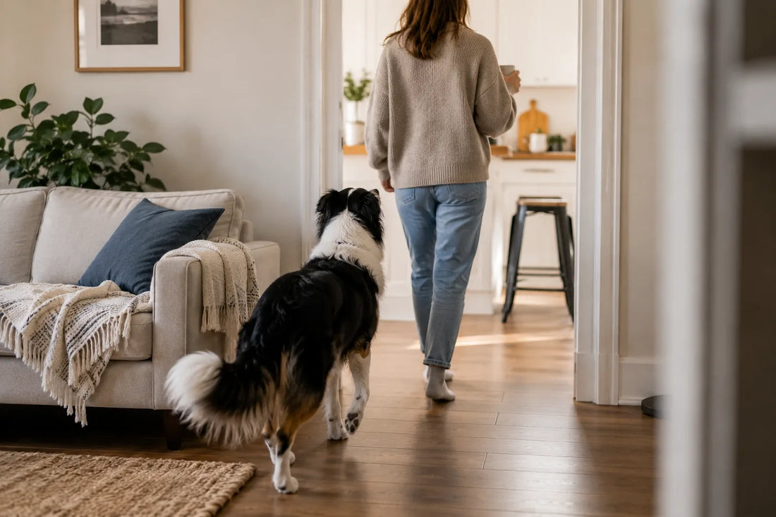 Border Collie suivant un membre de sa famille dans la maison alors qu'elle se dirige vers la cuisine
