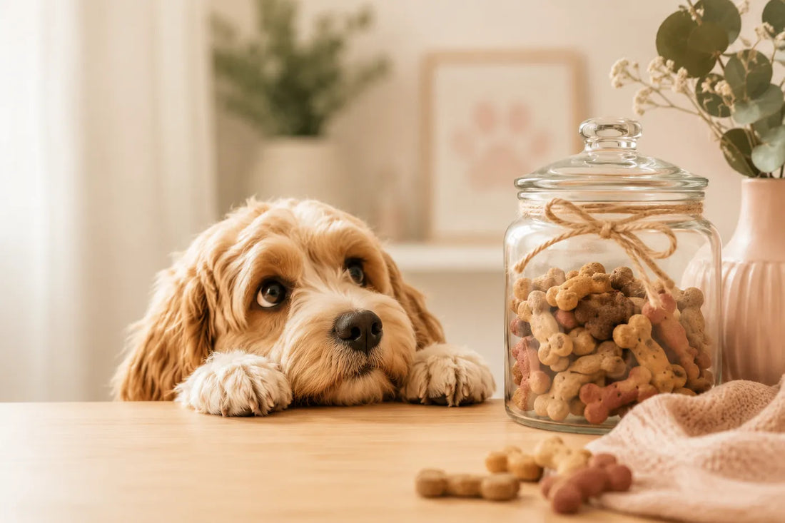 Chien attentif devant un pot de gâteries dans une cuisine chaleureuse