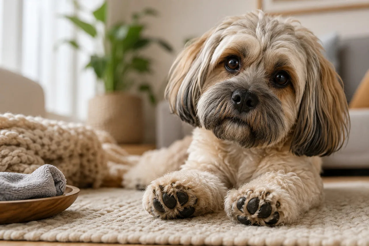 Chien couché dans la maison avec ses pattes et ses coussinets visibles au premier plan.