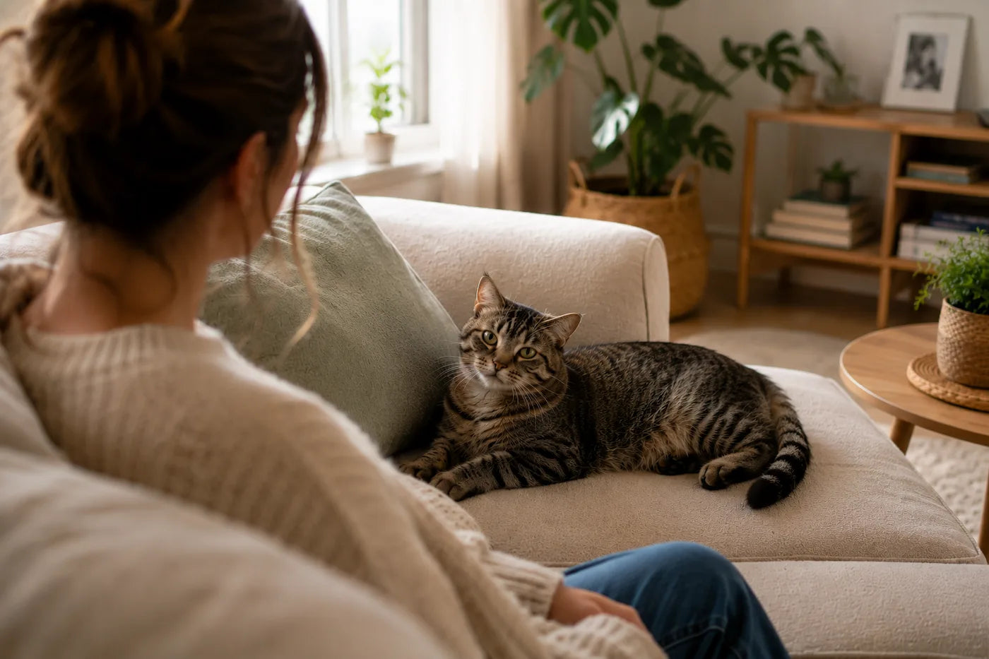 Chat allongé sur un canapé regardant attentivement son humaine dans un salon lumineux.