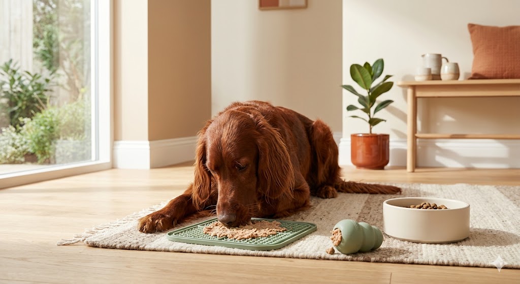 Chien setter irlandais utilisant un tapis de léchage pour rendre les repas plus stimulants