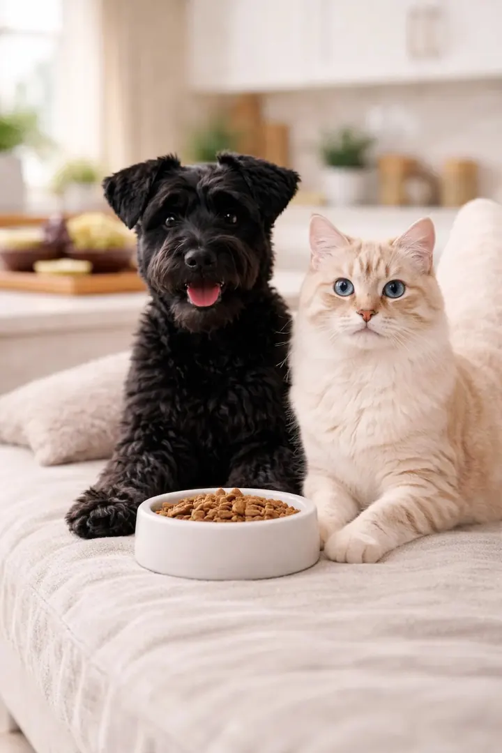 Chien et chat devant des aliments à éviter