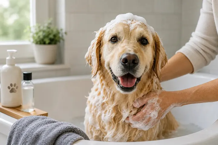 Golden retriever in its bath