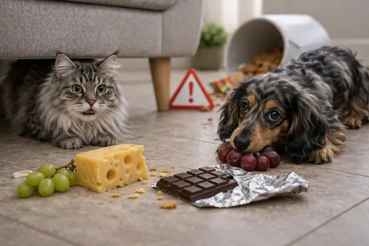 Chien et chat devant du chocolat et des raisins