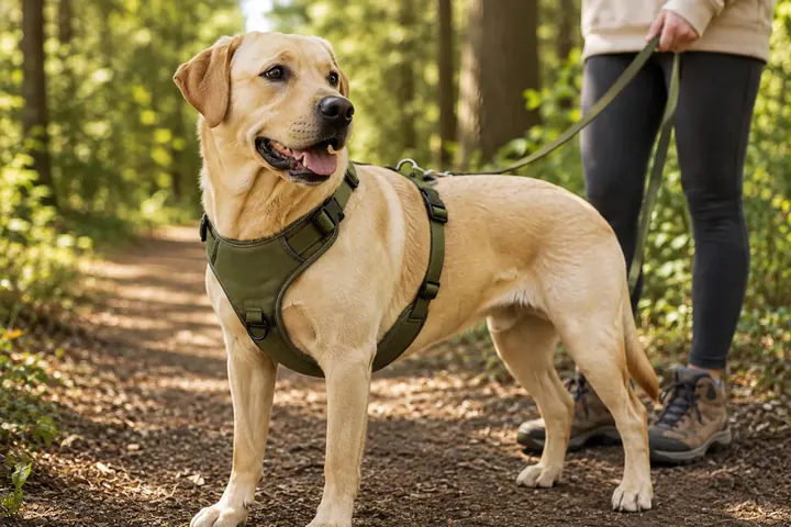 Labrador wearing a Y-shaped harness
