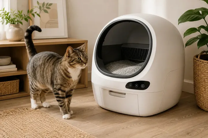 Cat next to a self-cleaning litter box