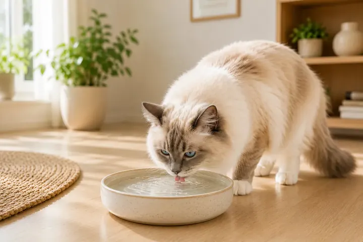 Cat drinking from a ceramic bowl