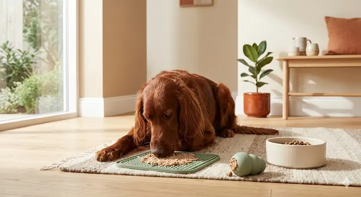 Setter irlandais sur un tapis de léchage