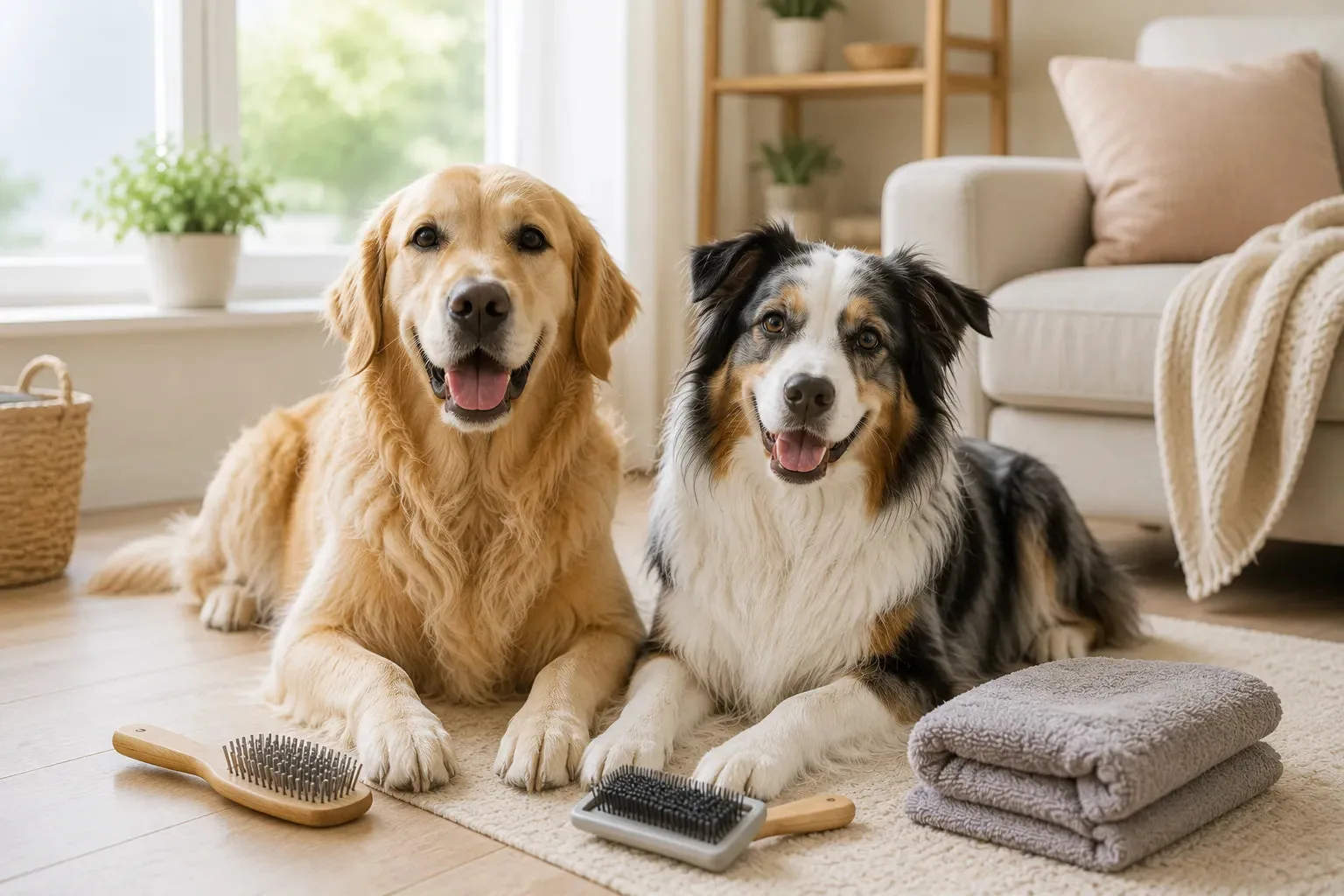 Deux chiens aux pelages différents avec des accessoires de toilettage
