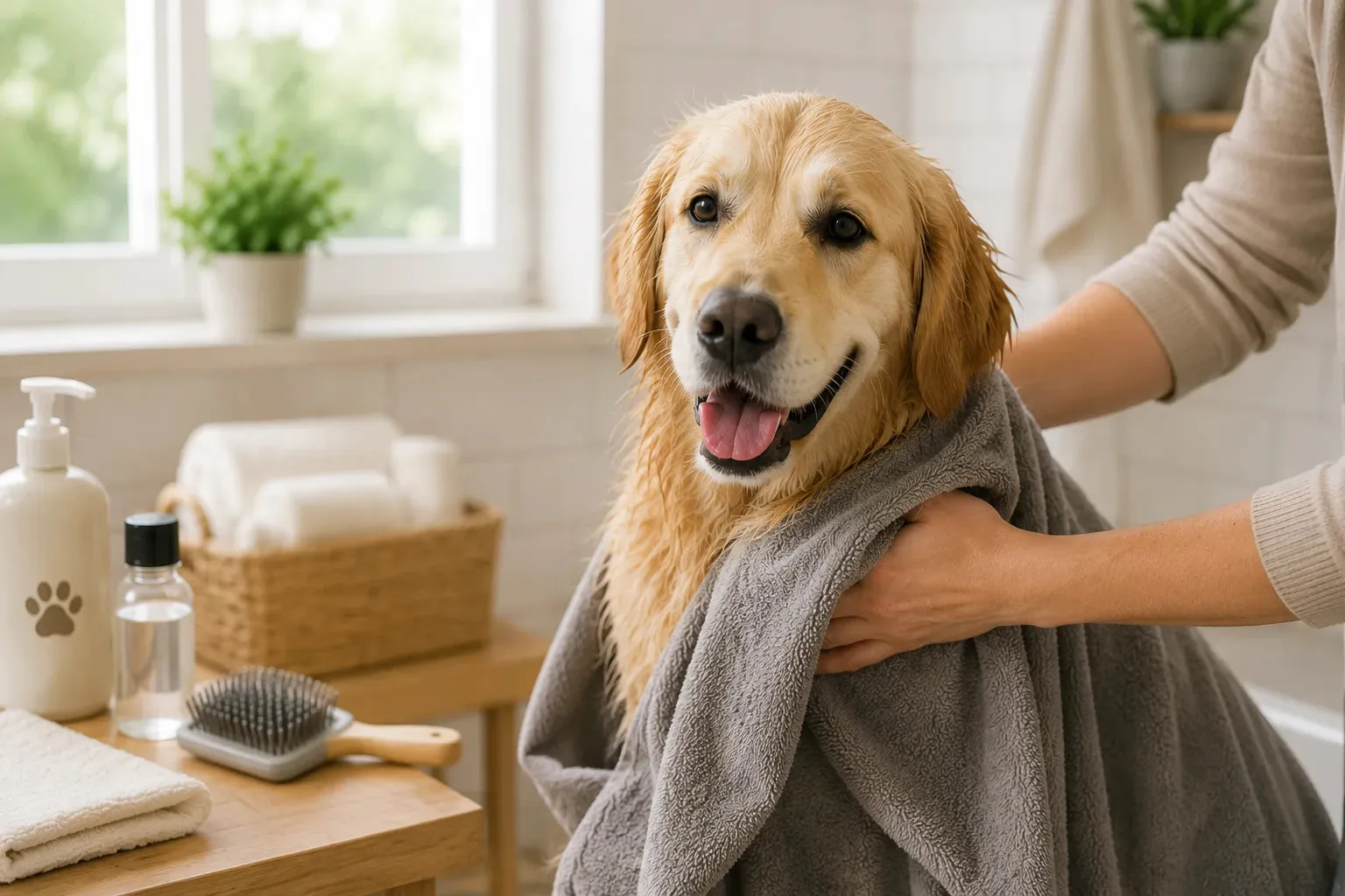 Golden retriever séché avec une serviette après son bain