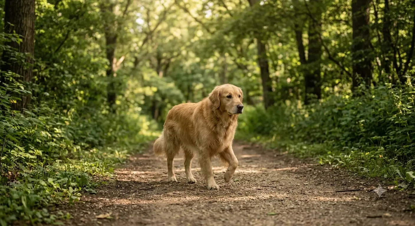 Golden Retriever walking on a shaded trail on a hot summer day