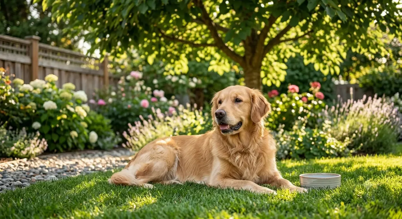Golden Retriever lying in the shade in a garden on a hot summer day