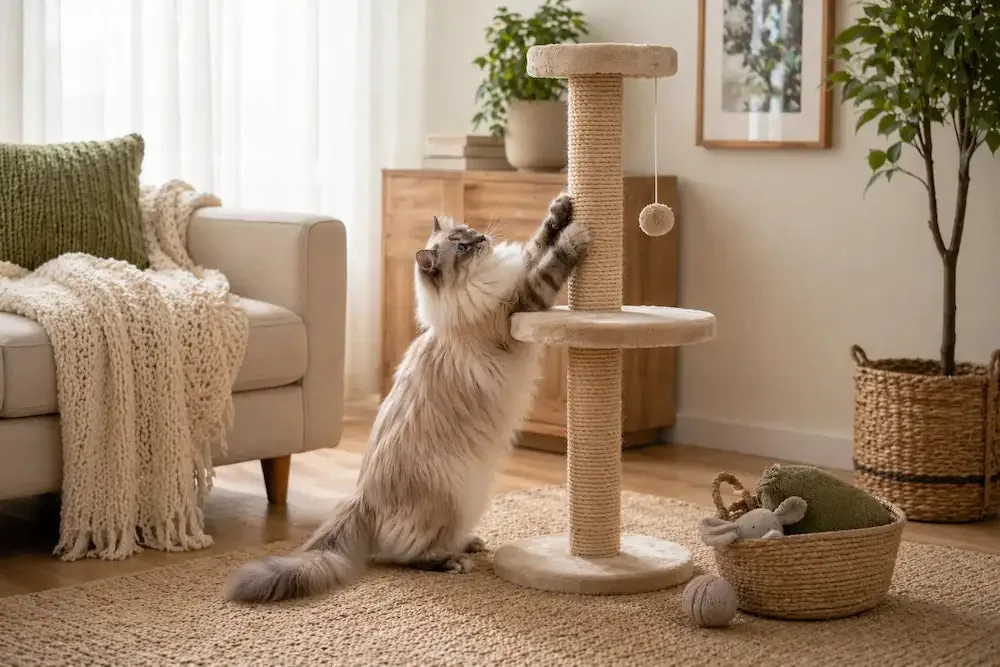 Cat using a cat tree in a bright, comfortable living room