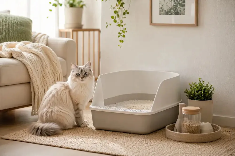 Cat with a clean litter box in a comfortable, safe environment