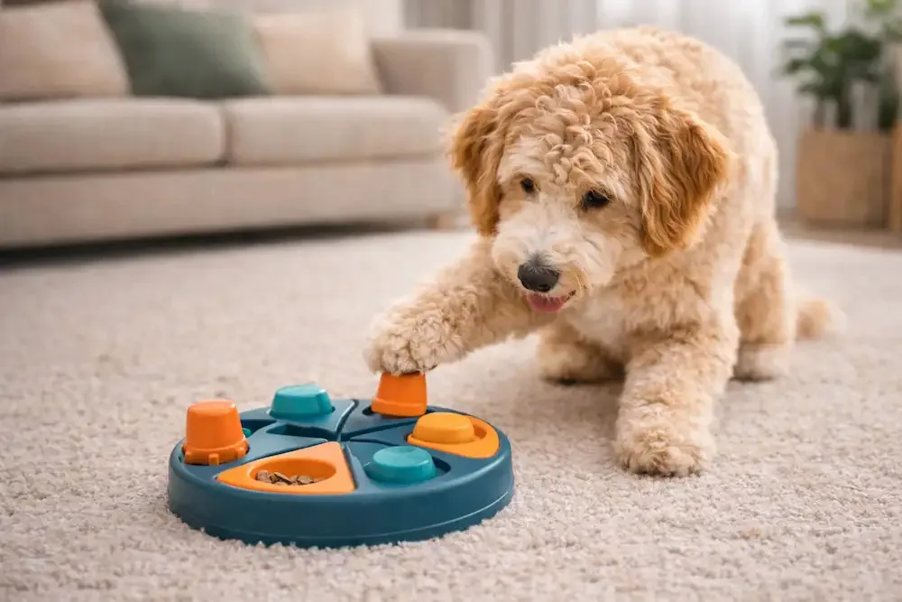 Doodle dog playing with an interactive toy for mental stimulation