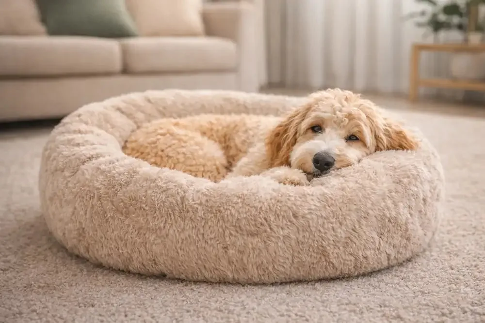 Doodle dog lying in a comfortable dog bed in a bright living room
