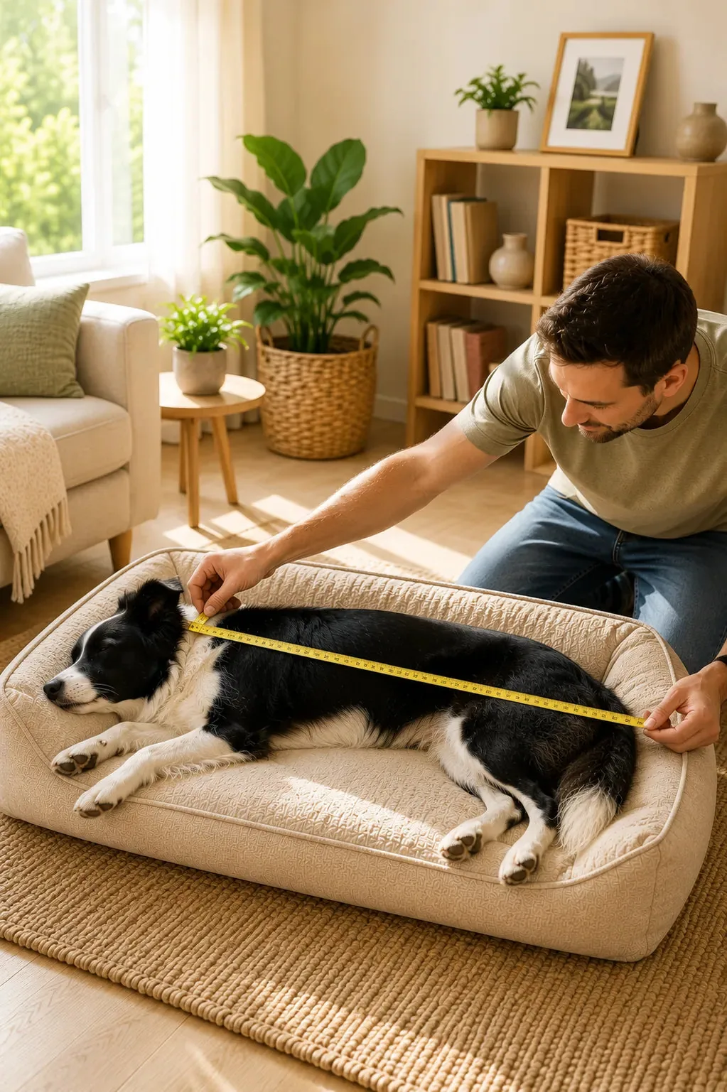 Un homme mesure la longueur d'un Border Collie allongé à l'aide d'un ruban souple afin de choisir la bonne taille de lit.