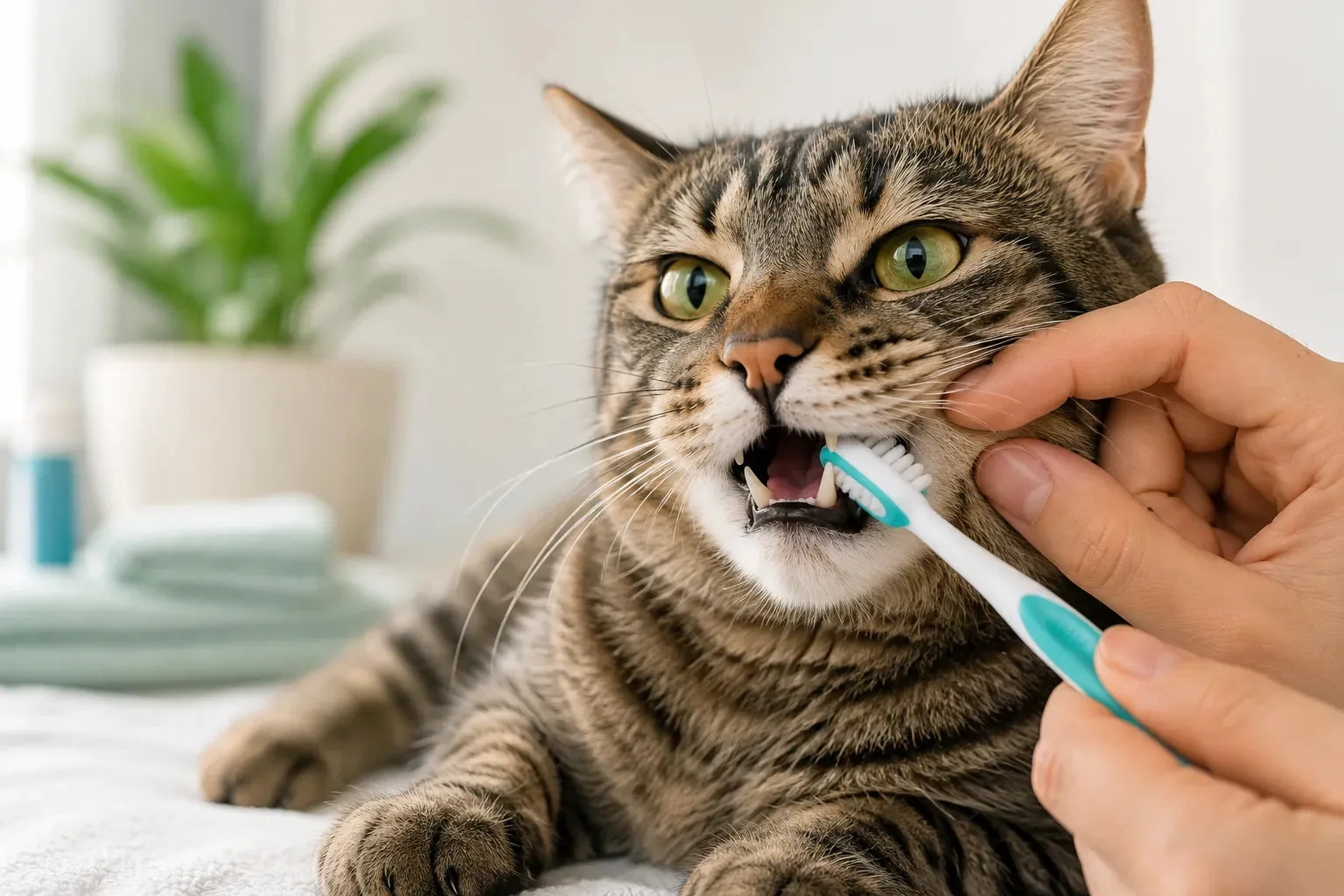 Cat having its teeth brushed