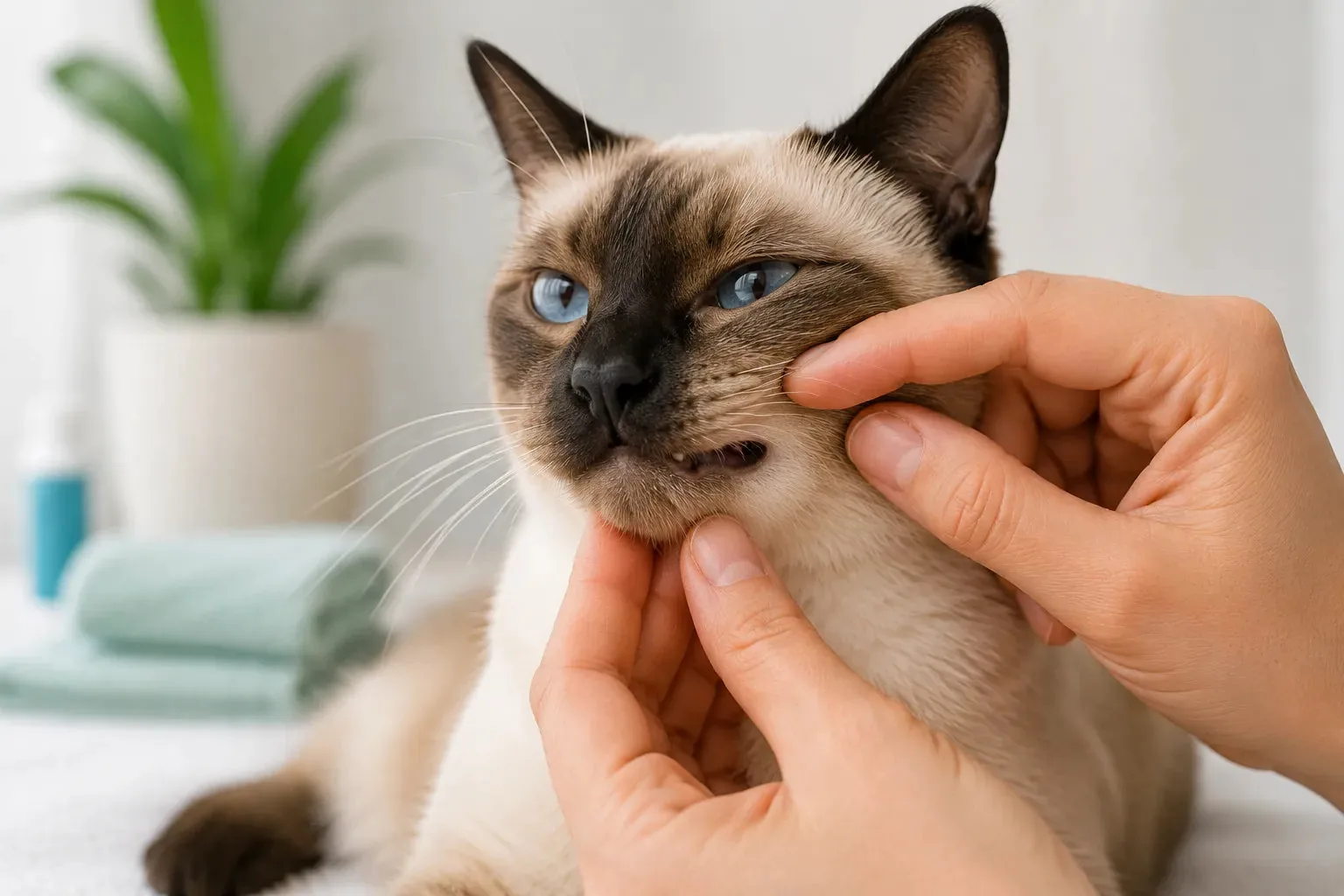 Siamese cat gradually getting used to a hand touching around its mouth before tooth brushing