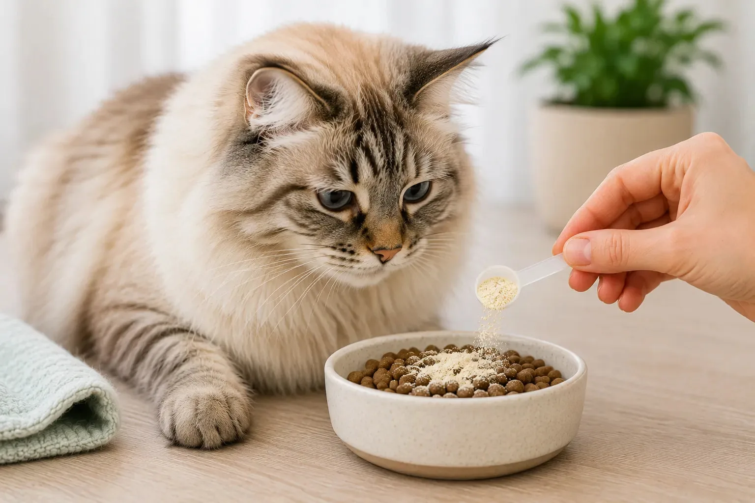 Dental care powder added to a cat's kibble as an option when brushing is difficult
