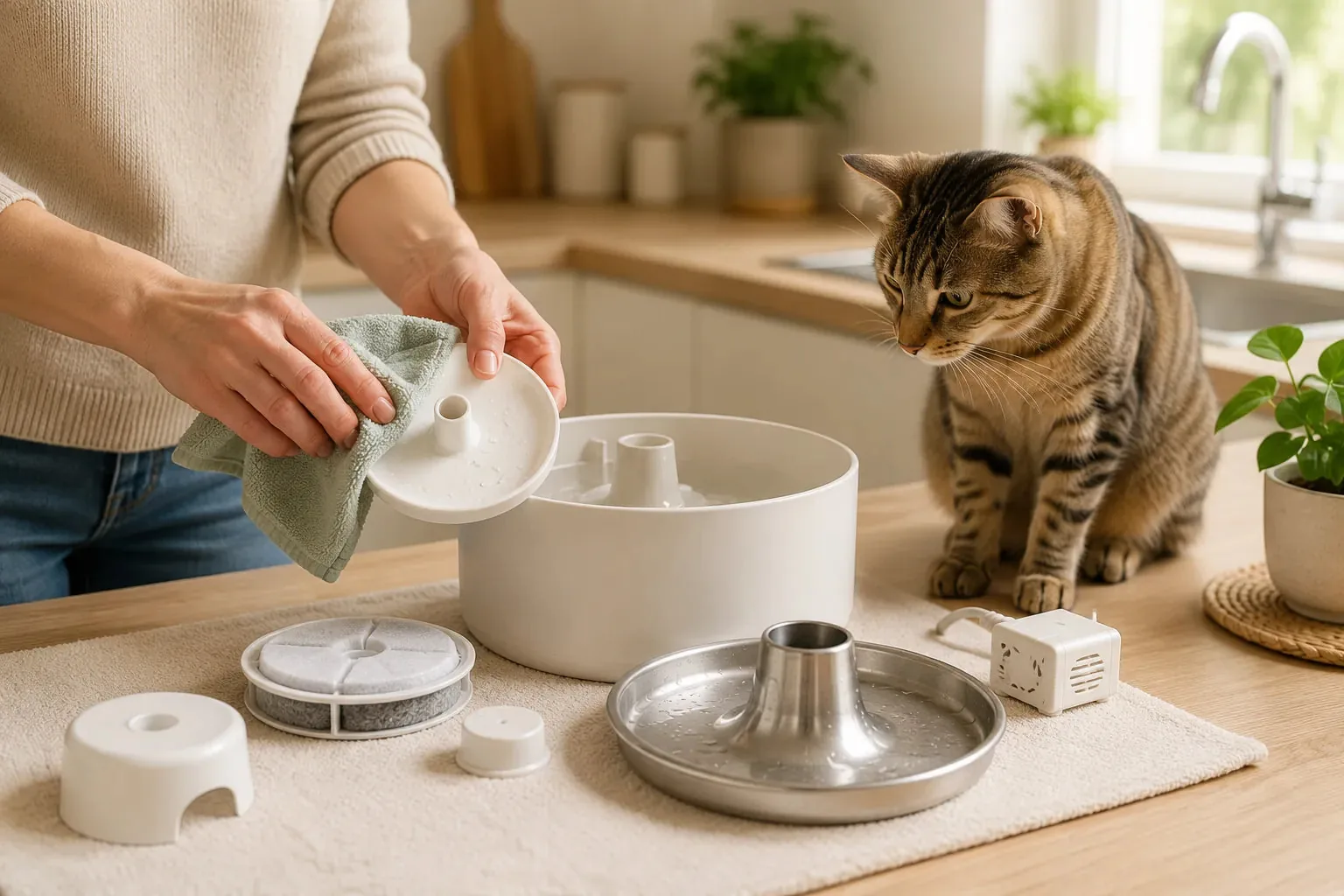 Nettoyage d'une fontaine à eau pour chat avec les différentes composantes démontées.