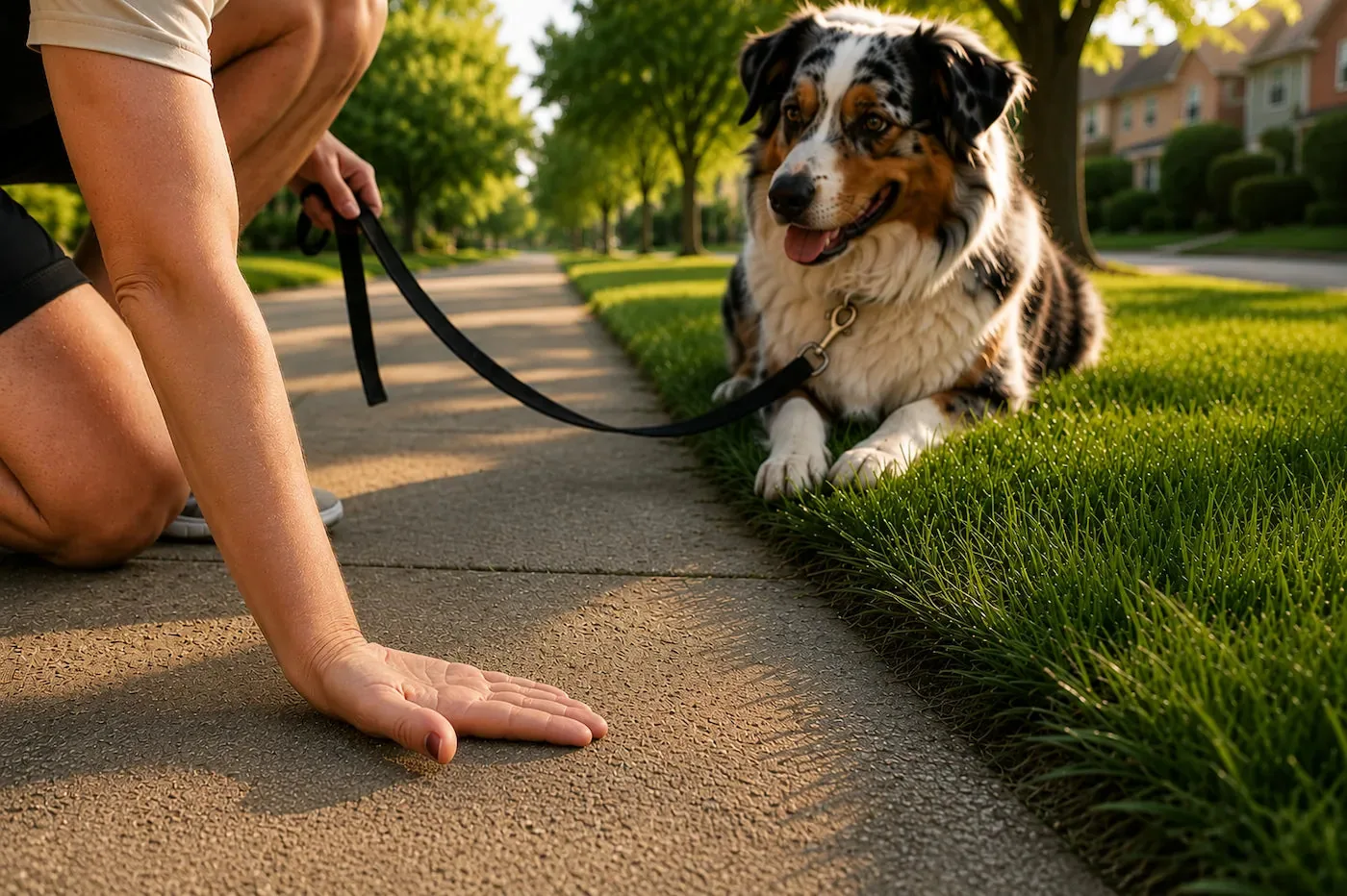 Personne testant la température d'un trottoir avec le dos de la main avant une promenade avec son berger australien.