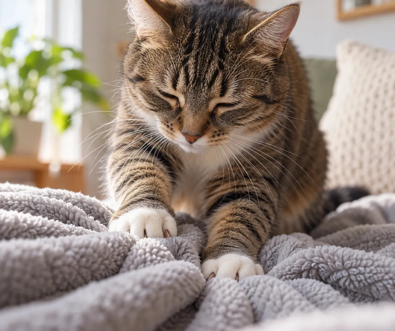 Tabby cat kneading a blanket