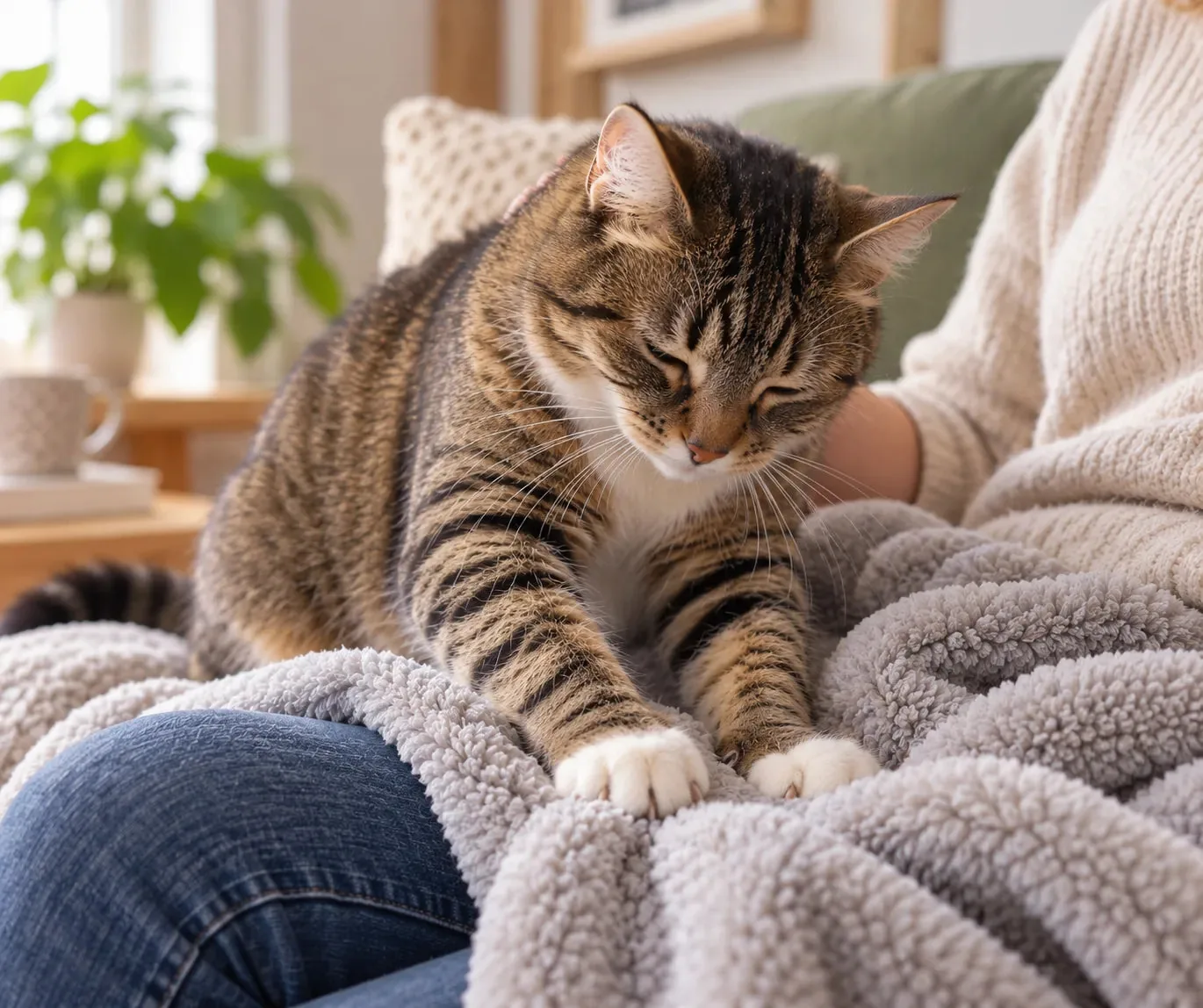 Tabby cat kneading a blanket on a person's lap