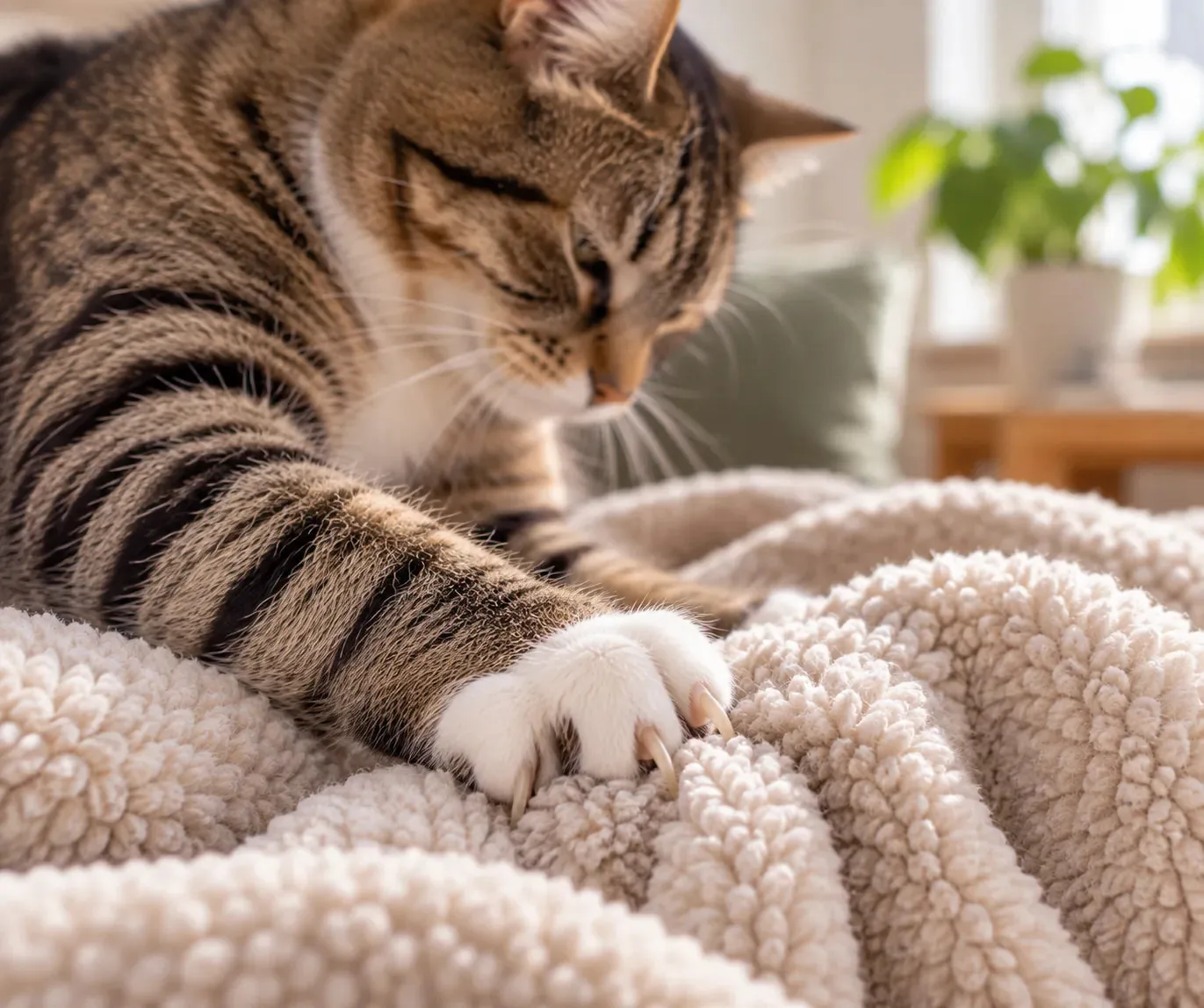 Claws of a tabby cat kneading a blanket