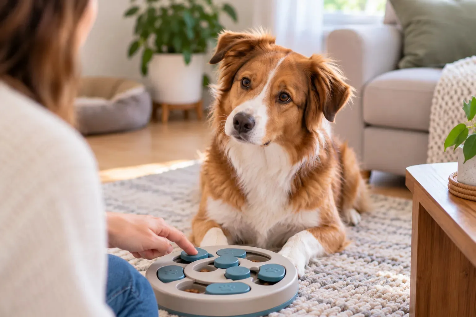 Attentive dog in front of an interactive toy held out by a person