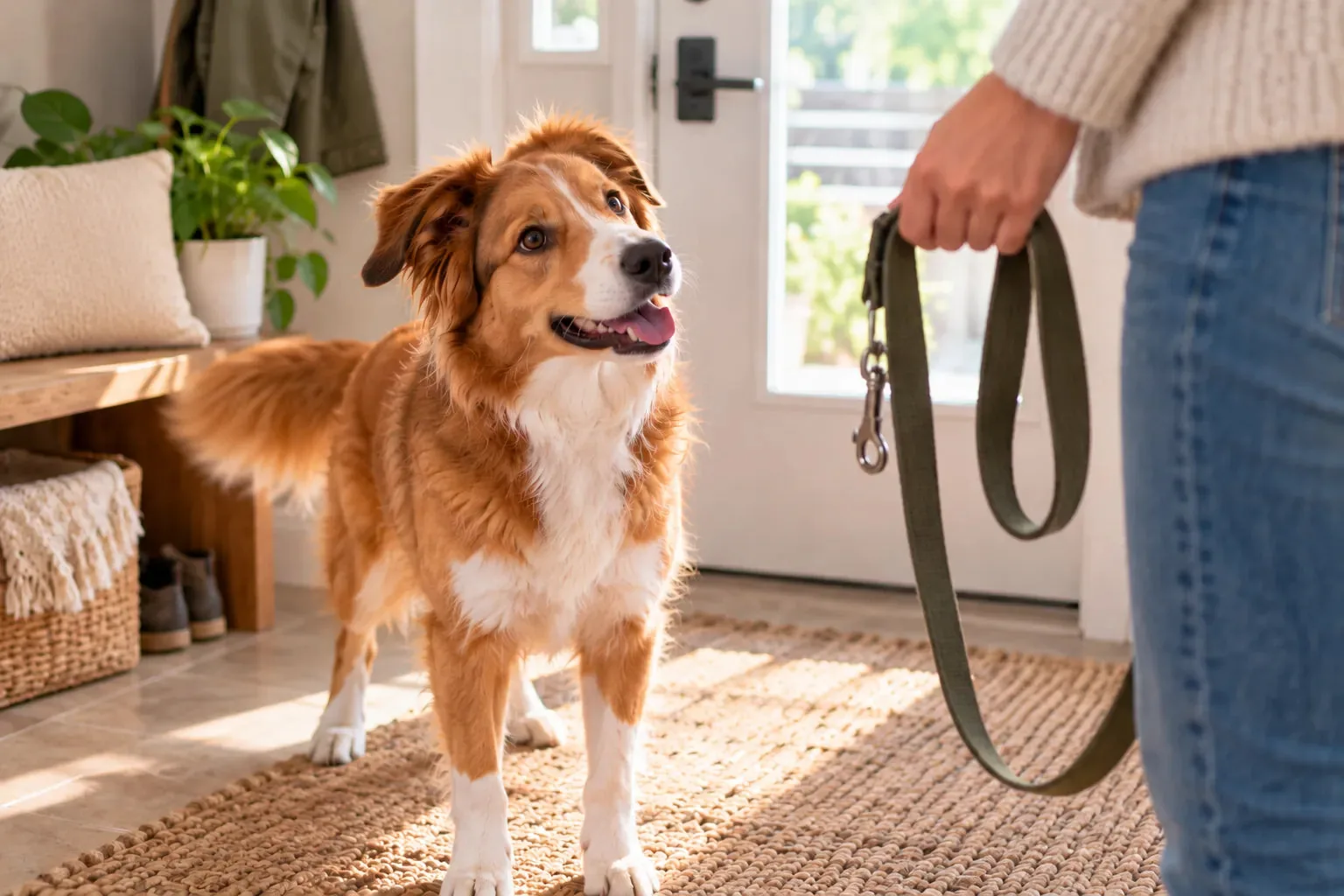 Attentive dog in front of a person holding its leash before a walk