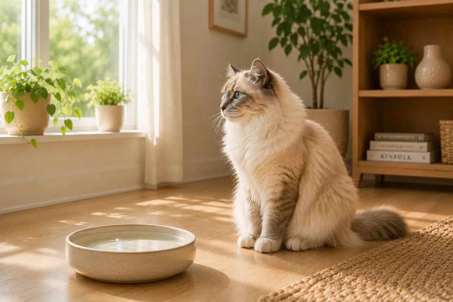 Long-haired cat watching its surroundings near a ceramic water bowl