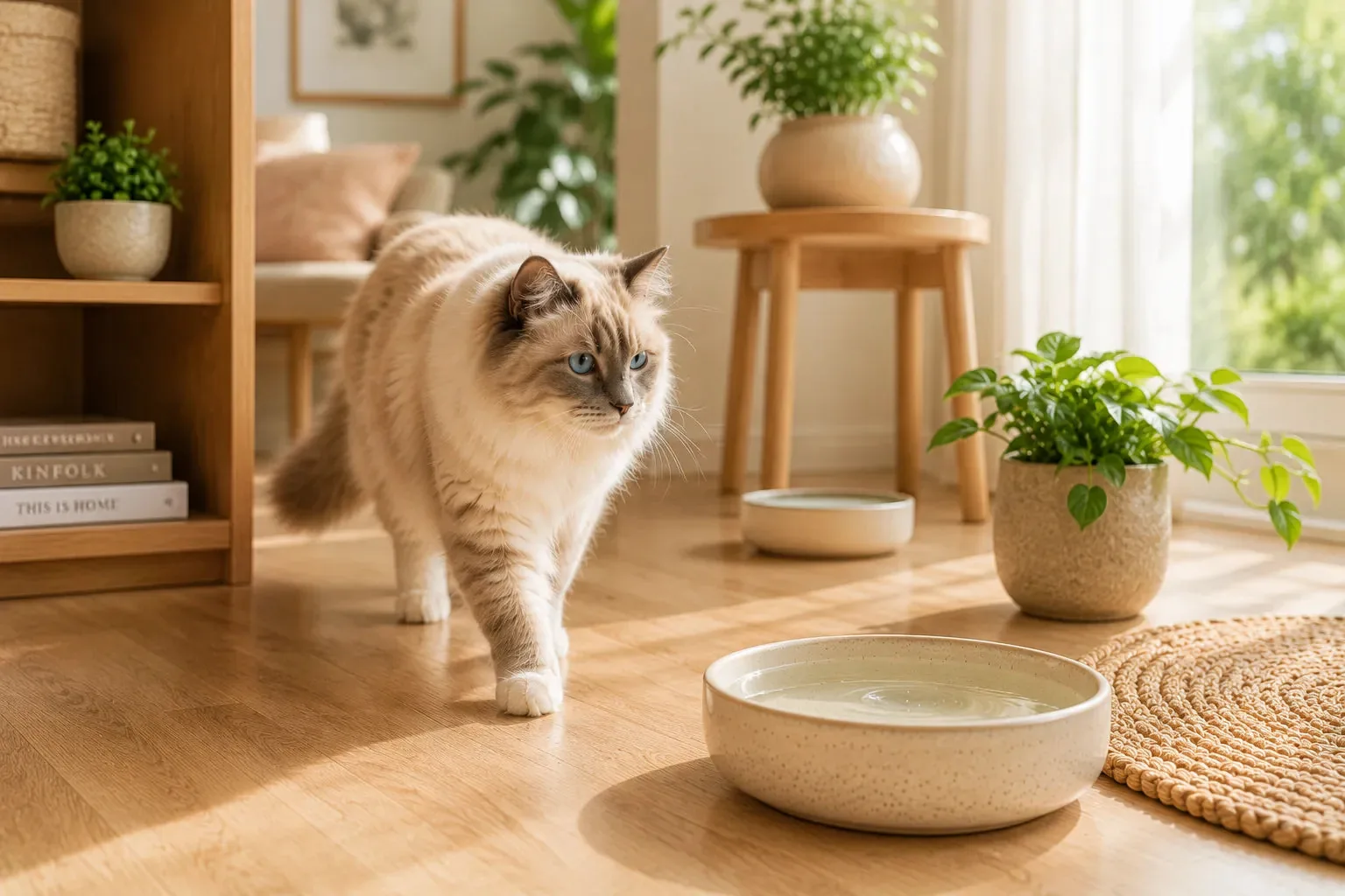 Long-haired cat walking toward a ceramic water bowl in a bright home