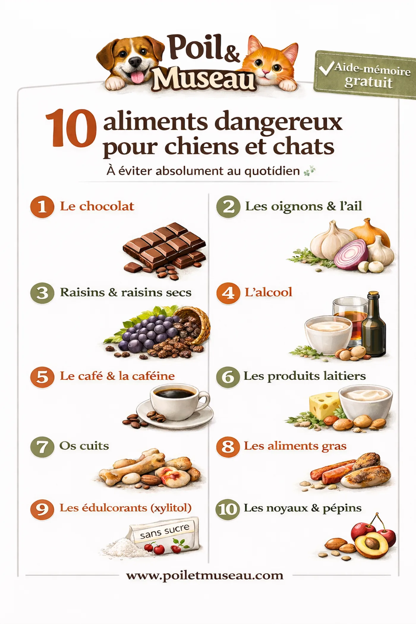 Aide-mémoire des aliments dangereux pour chiens et chats
